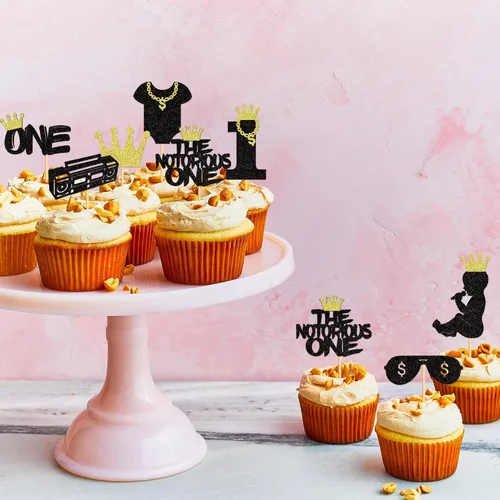 Vista 3 de Ercadio Paquete de 24 adornos para cupcakes The Notorious One con purpurina negra, Hip Hop, 1st Cupcake Picks The Big One, decoraciones para baby