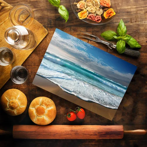 Vista 2 de Coastal Shoreline Waves Sandy Beach Tabla de cortar de vidrio para cocina, regalo decorativo (playa)