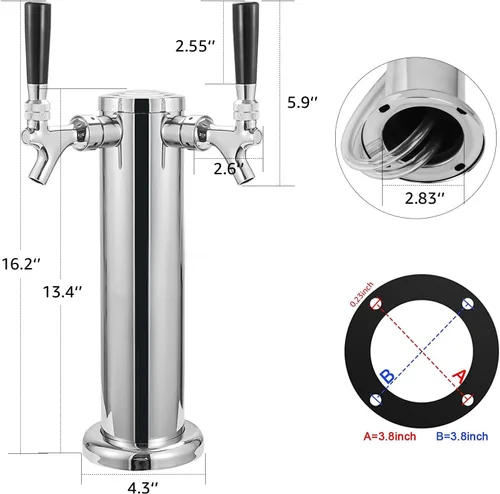 Vista 5 de MRbrew Torre de cerveza de doble grifo, torre Kegerator SS de 3 pulgadas y grifo de cierre automático de núcleo inoxidable, torre de barril