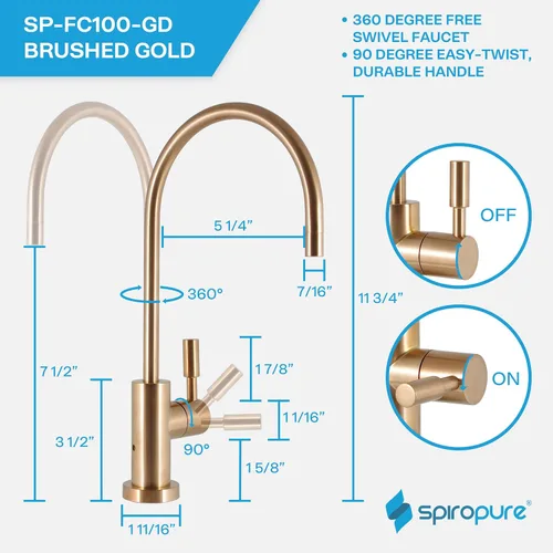 Vista 5 de SpiroPure Grifo RO de aire sin plomo certificado NSF, oro cepillado/bronce/latón, grifo de filtro de agua de reemplazo de ósmosis inversa, grifo