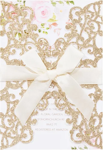 Vista 9 de AdasBridal 50 tarjetas de invitación de boda cortadas con láser con estampado floral, con sobre, hoja interior en blanco y cinta para boda Dorado