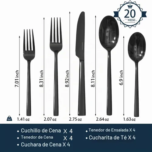 Vista 2 de Juego de cubiertos negros KINGSTONE, juego de 20 piezas de cubertería forjada de acero inoxidable premium, servicio para 4, para cocina, hogar