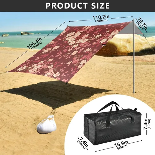Vista 3 de Cherry Blossom Deep Red Beach Cabana UPF50 Lightweight Portable Sun Shelter with Sandbags & Sand Shovel for Backyard and Camping