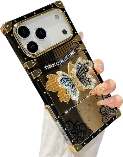 Vista 78 de Funda Rectangular de Lujo Femenina Compatible con iPhone 16 Pro Max Diseñada con Soporte de Anillo de Diamante con Función de Atril