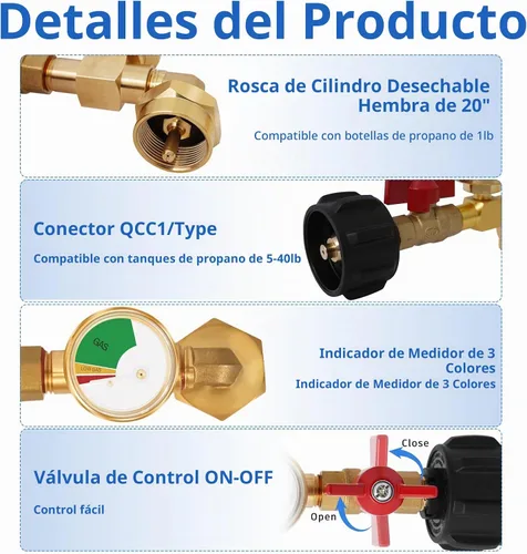 Vista 3 de Adaptador de repuesto de propano para tanques de 1 libra, adaptador de propano de 20 libras a 1 libra convertidor con válvula de encendido/apagado