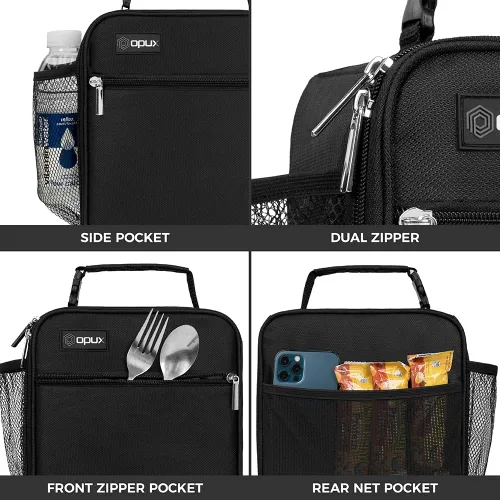 Vista 4 de opux - Lonchera aislada para niños y adultos, bolsa de almuerzo a prueba de fugas para niños, niñas, hombres y mujeres, lonchera reutilizable y Negro