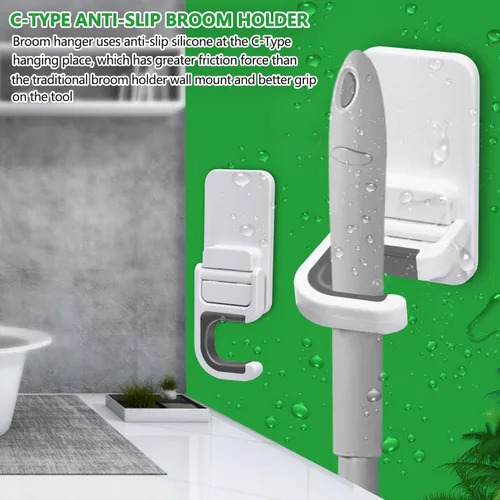 Vista 4 de Paquete de 3 soportes para escobas y trapeadores, soporte de pared, sin taladro, agarrador de escoba, mango de trapeador, organizador de limpieza
