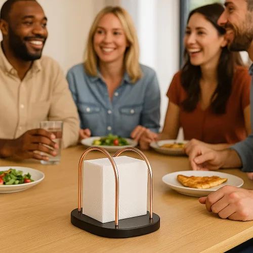 Vista 7 de Servilletero de madera de castaño y cobre – Elegante dispensador de mesa para comedor y uso al aire libre, elegante y práctico almacenamiento