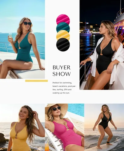 Vista 3 de SHAPELLX Traje de baño de una pieza con cuello en V para mujer, con control de abdomen, con corte fruncido