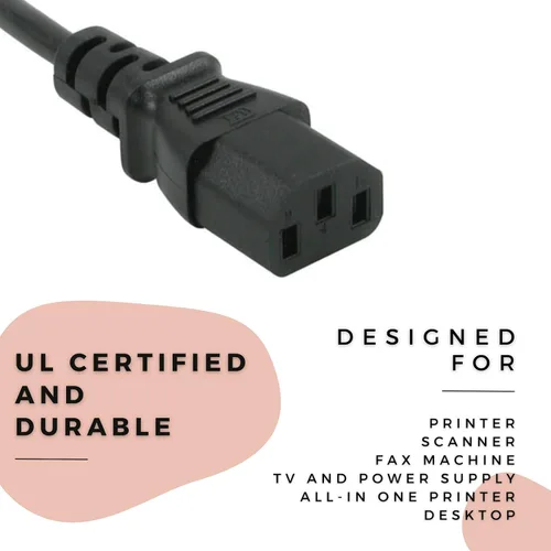 Vista 4 de Cable de alimentación de CA universal de 3 clavijas para impresora láser Brothers HL-L3270CDW (6 pies, negro)