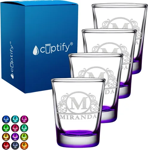 Vista 11 de Vaso de chupito personalizado con nombre de círculo elaborado de 2 onzas, parte inferior negra grabada con texto personalizado para regalos, bodas