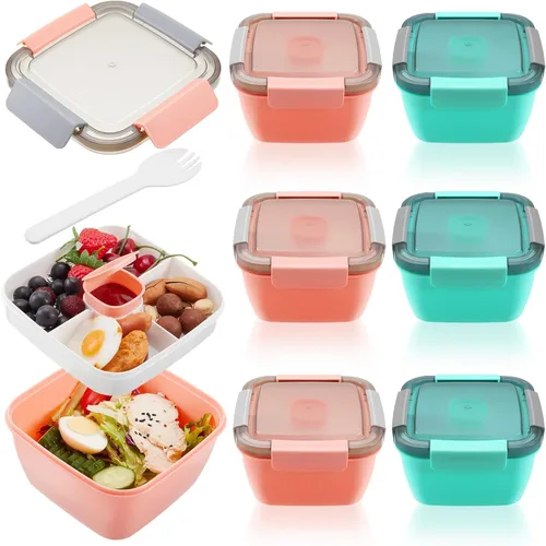 Vista 9 de Tessco for you 6 Piezas Recipiente para Almuerzo de Ensalada 50 oz Recipiente de Ensalada con 3 Compartimentos Caja Bento Reutilizable para Adultos