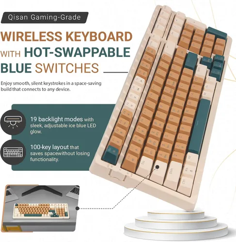 Vista 2 de Qisan Teclado mecánico inalámbrico y con cable, triple modo 2.4G/USB-C/BT (98%) teclado mecánico inalámbrico con diseño de EE. UU. Teclados Combo