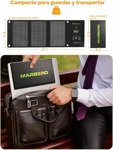 Vista 6 de MARBERO Cargador de panel solar portátil de 21W, panel solar plegable, paneles solares impermeables IP65, 23% de alta eficiencia, cargador rápido