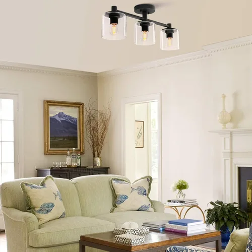 Vista 2 de Pathson Lámpara de techo semiempotrada de 3 luces, lámpara colgante industrial con pantalla de cristal, lámpara de techo para pasillo, loft, cocina