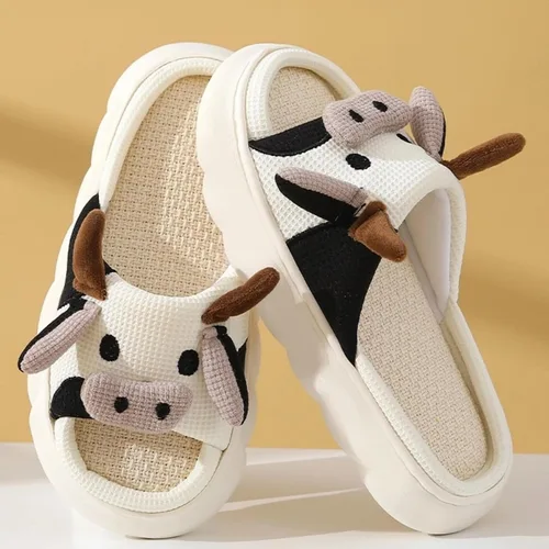 Vista 5 de Pantuflas de vaca para mujeres y hombres, pantuflas de interior para el hogar, bonitas pantuflas de animales de felpa mullidas, zapatos