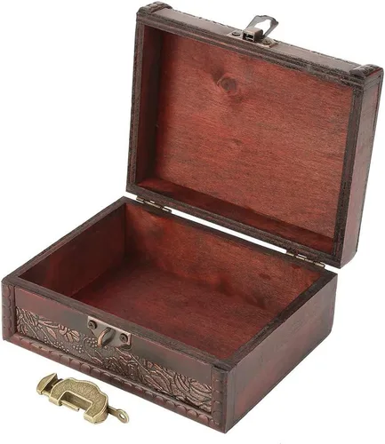 Vista 3 de Caja del tesoro, caja de almacenamiento de joyería de madera vintage con cerradura de metal, caja de regalo retro hecha a mano para almacenar