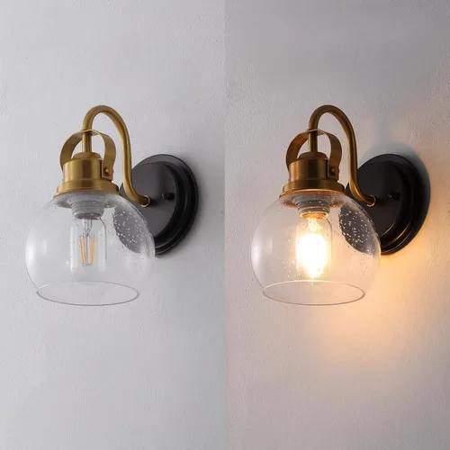 Vista 6 de JONATHAN Y Candelabro de metal con 1 luz de bronce aceitado dorado de 6 pulgadas, aplique de pared industrial para baño, con pantalla de vidrio
