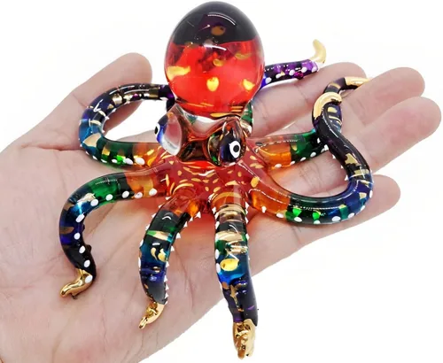 Vista 3 de WitnyStore Figura pequeña de pulpo arcoíris punteado dorado de 5½ pulgadas, pulpos de vidrio soplado a mano, calamares, sepia, moluscos marinos
