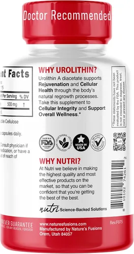 Vista 3 de Nutri Urolitina A Suplemento 500mg - Potente antioxidante, refuerzo de salud y bienestar - Probado por terceros - 500 mg de urolitina A diacetato