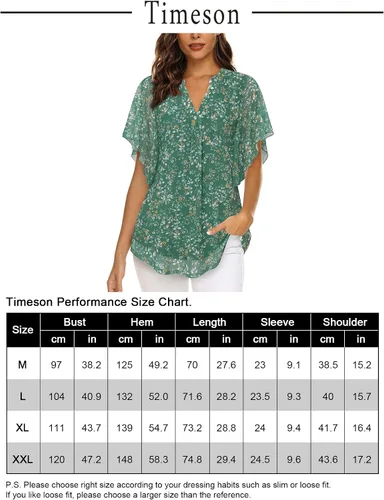 Vista 5 de Timeson Blusas de manga corta con cuello en V para mujer, camisas florales de doble capa de malla
