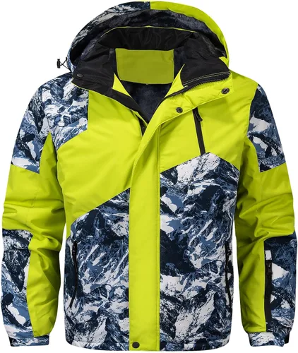 Vista 6 de FTIMILD Chaqueta de esquí impermeable para hombre de invierno, forro polar de alta visibilidad con capucha acolchada y diseño de patchwork