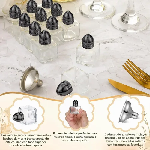 Vista 3 de Uiifan 12 piezas 0.5 oz pequeños saleros y pimenteros de forma cúbica con tapas tonalizadas, frascos de condimento de vidrio transparente mini