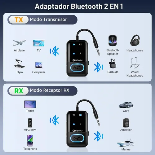 Vista 5 de Adaptador de transmisor Bluetooth 5.3 para avión Receptor transmisor de audio inalámbrico Bluetooth 2 en 1 para conectores auxiliares de 0.138 in