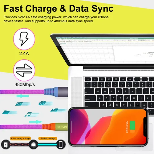 Vista 4 de Cable de carga para iPhone, [certificado MFi de Apple] 3 pies colorido gradual USB A a Lightning cable de carga rápida de nailon trenzado