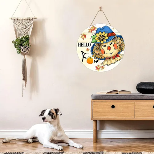 Vista 3 de Letrero de espantapájaros con texto en inglés "Hello Fall Scarecrow para decoración de puerta delantera, cosecha de otoño, hoja de arce para colgar
