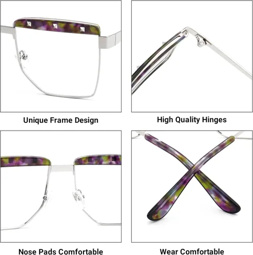 Vista 5 de VOOGLAM Lentes cuadrados para mujer, con bloqueo de luz azul y UV400, elegantes marcos en metal mezclado, ideales para computadora/teléfonos/TV