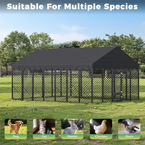 Vista 7 de Perrera resistente para perros de 10 x 14 x 6.4 pies, con doble cerraduras seguras y cubierta de techo impermeable y resistente a los rayos UV