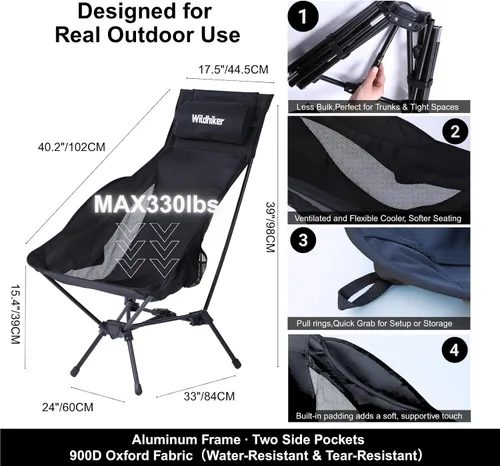Vista 6 de Wildhiker Sillas de camping plegables y compactas portátiles, respaldo alto ligero con almohada, reclinación profunda, almohadillas, bolsillos Negro