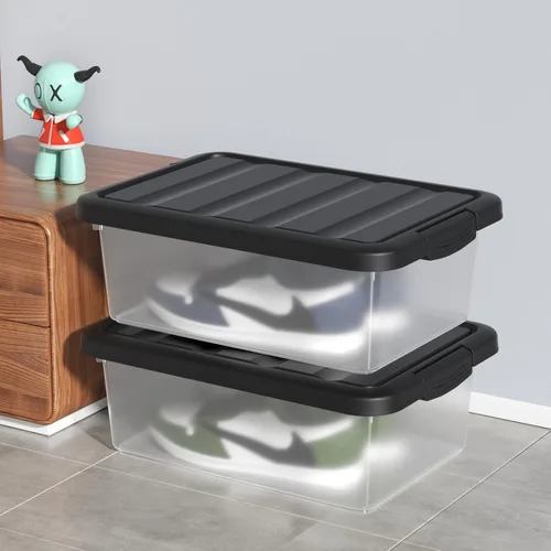 Vista 7 de Cubo de almacenamiento apilable de plástico de 14 cuartos de galón, caja de almacenamiento básica transparente con tapa negra (paquete de 2)
