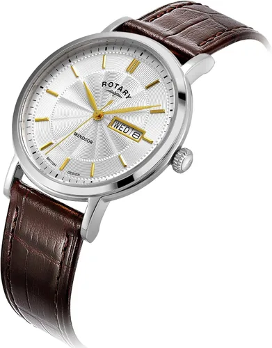 Vista 2 de Rotary Reloj analógico de cuarzo Windsor para hombre con esfera plateada y correa de cuero marrón GS0542002, Moderno