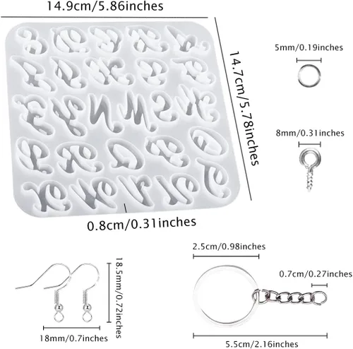 Vista 7 de HyzaPhix 116 moldes de resina del alfabeto, moldes de silicona para joyería, moldes de fundición de epoxi con llaveros, ganchos para aretes