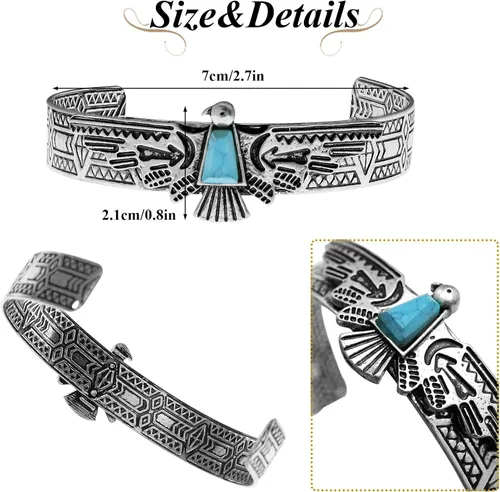 Vista 6 de RechicGu Vintage Tribal Southwest Turquía águila tallada piedra azul vaquera azteca vaquera nativa americana brazalete abierto brazalete brazalete