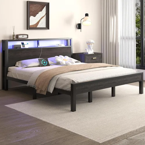 Vista 25 de LOEWAY Base de cama tamaño Queen con cabecero de almacenamiento y luces LED, color gris