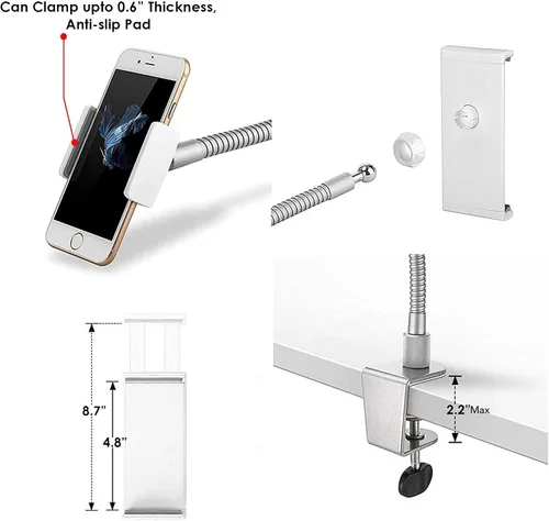 Vista 5 de Soporte giratorio de 360 grados para tablet compatible con tabletas, el más largo de 33 pulgadas. Gira cualquier ángulo (ganso plateado)