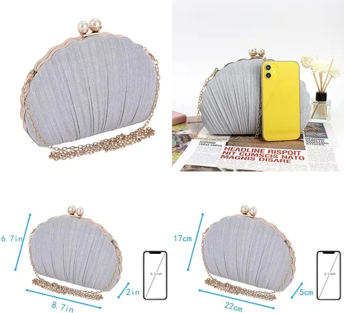 Vista 6 de Women Mini Pleated Seashell Evening Clutch Handbag Chain Strap Cross-body Bag