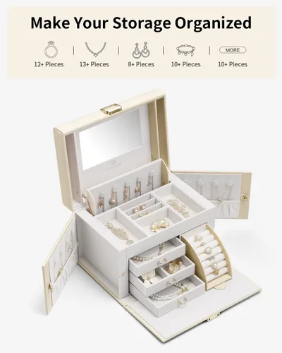 Vista 3 de Vlando Joyero organizador para niñas y mujeres, caja de almacenamiento de joyería barroca grande con espejo, cajones para pulseras, aretes, anillos