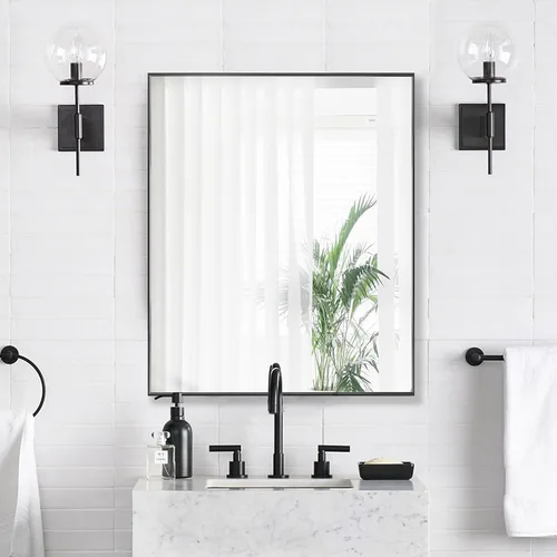 Vista 47 de 24x24 Inch Black Bathroom Mirror for Wall, Aluminum Frame Rectangle Rectangular Vanity Mirror, Modern Large for Bedroom, Living Room, Horizontal or