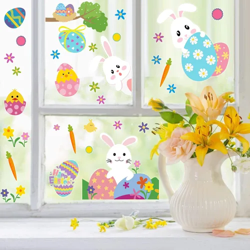 Vista 6 de CCINEE Lindas calcomanías de Pascua para decoración del hogar, huevos de Pascua de conejito para ventanas, 12 hojas