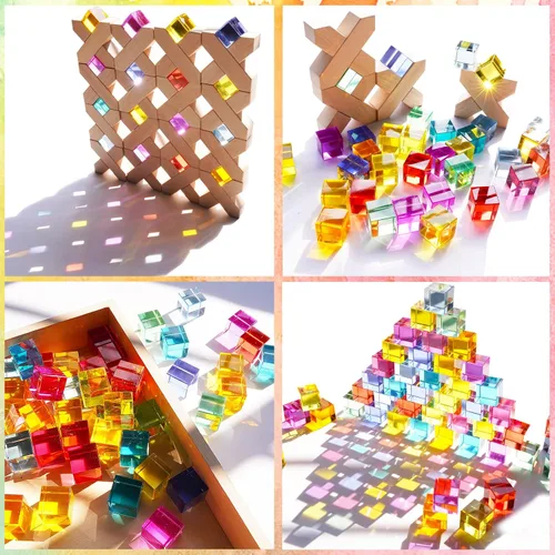 Vista 5 de Agirlgle - Cubos de Construcción de Madera Arcoíris, Bloques de Apilar de Gemas, Juego de Apilado de Arcoíris Montessori Colorido, Elegantes Bloques