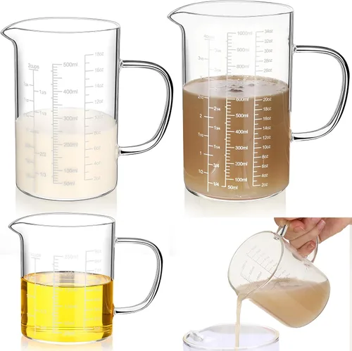 Vista 8 de Lallisa Juego de 3 tazas medidoras de vidrio de borosilicato alto con asa en forma de V, 4, 2, 1 taza y 3 escalas (onzas, taza, ml), para cocina