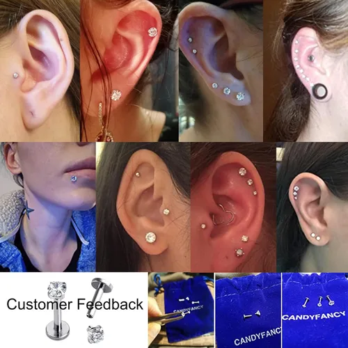 Vista 3 de CANDYFANCY Pendientes de 16 g, 2/3/4 mm, con circonia cúbica, triple hélice delantera, para cartílago de la oreja, Tragus, piercing de labio 16