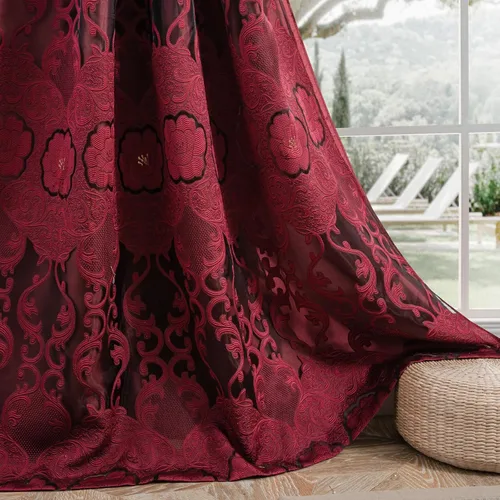 Vista 4 de Petrichor Cortinas de gasa jacquard transparente borgoña (54 pulgadas de ancho x 63 pulgadas de largo), 2 paneles con cenefa adjunta, diseño floral