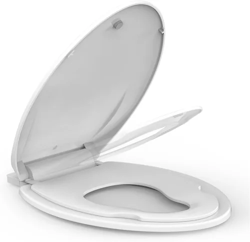 Vista 24 de Asiento de inodoro alargado blanco, asiento de tapa de inodoro de cierre lento para una fácil limpieza y resistente a las manchas