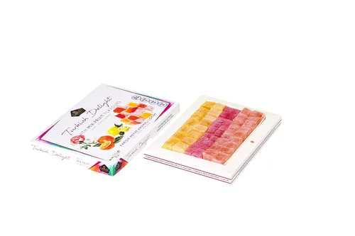 Vista 3 de Cerez Pazari Delicia turca con sabores de mezcla de rosa, naranja y limón, 8.1 onzas, caja de regalo gourmet de bocadillos de tamaño pequeño, sin