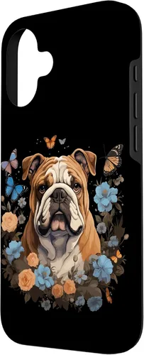 Vista 2 de Funda para iPhone 16 Bulldog Inglés con Flores y Mariposas